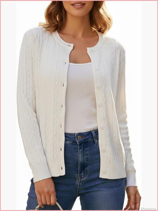 Sweaters - Classic Cable Knit Button Down Cardigan Sweater Women Soft Knitwear Top